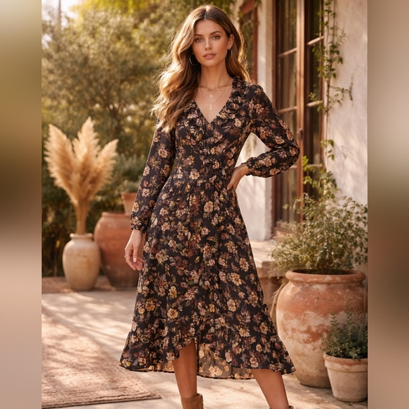 Nasty Gal Dresses & Skirts - Nasty Gal Collection Faux Wrap Midi Dress Bird Floral Boho US 8